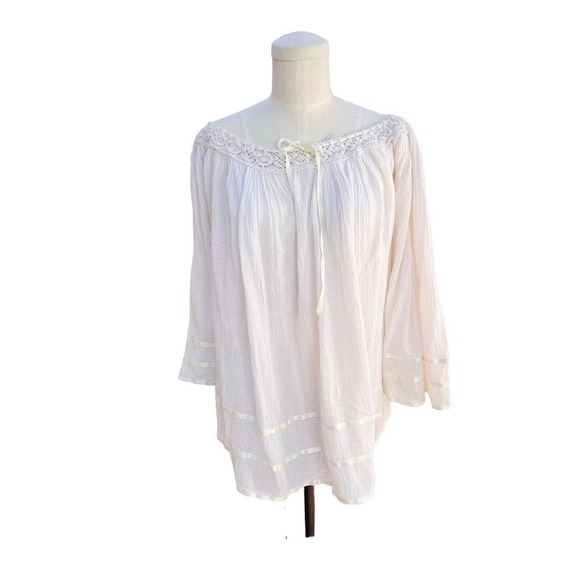 Vintage Mexican Gauze Blouse Angel Sleeves Crochet Ribbons One Size 1970's - Picture 3 of 7
